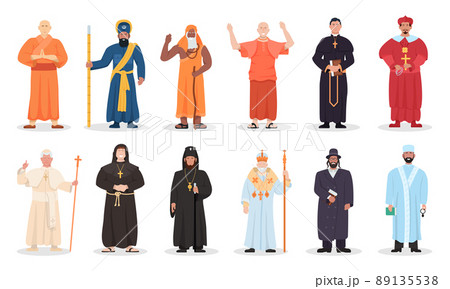 Religion leader and religious priest of different confession. Set of various faith belief prayer in muslim, christian, judaism, buddhism mantle uniform vector illustration isolated on white background 89135538