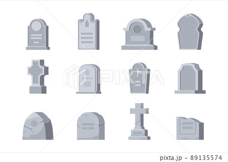Cemetery set graveyard tombstone of different shape and form. Monochrome memory tomb, afterlife memorial with carved crucifix and cross for tomb, burial service vector illustration 89135574