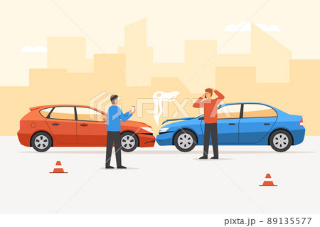 Man driver after car accident talking phone calling for help. Angry male character after automobile bumper traffic collision using telephone for calling insurance agent service vector illustration 89135577