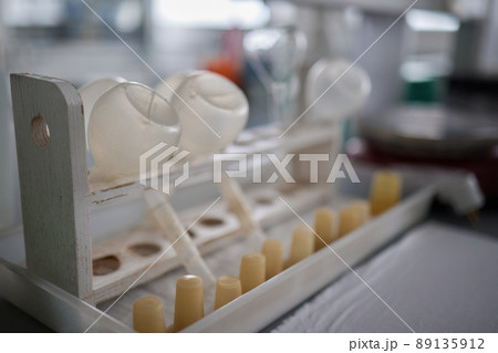 Empty podium glass with glass geometric platform. science laboratory test tubes, chemical laboratory equipment. Research and develop cosmetic in lab. 89135912