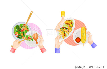 Top view of tasty dishes and hands of people having dinner at home or in restaurant set vector illustration 89136761