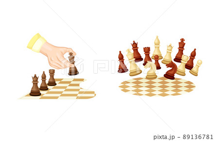 Chess pieces on chessboard set. People playing intellectual strategic board game vector illustration 89136781