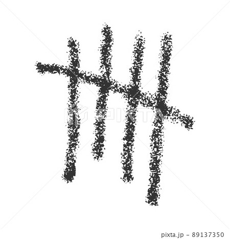 Hand drawn carcoal tally mark. Four sticks crossed out by slash line. Day counting symbol on prison wall. Unary numeral system sign Hand drawn carcoal tally mark. Four sticks crossed out by slash line. Day counting symbol on prison wall. Unary numeral system sign 89137350