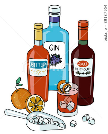 Stylish hand-drawn doodle cartoon style Negroni cocktail composition. A bottle of gin, Italian orange bitter, red sweet vermouth and orange. Goof for bar menu, cook book recipe, stickers or cards. 89137954
