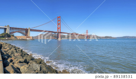 Golden gate bridge view from the shore of the bay in San Francisco, California 89138531