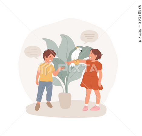 Parrot isolated cartoon vector illustration. Companion parrot behavior, cockatoo sitting on childs hand, kid speaking to a bird, teaching to talk, training, children having pets vector cartoon. 89138936