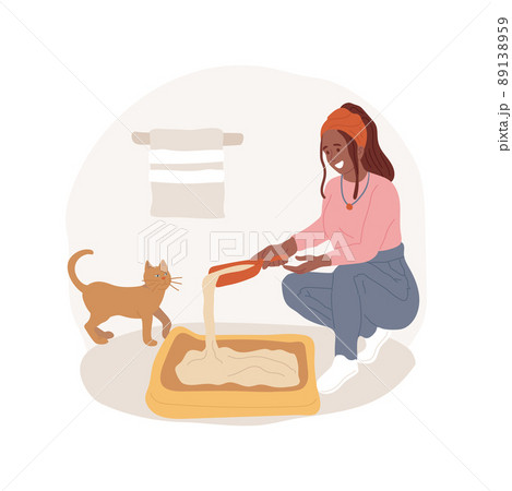 Filling litter box isolated cartoon vector illustration. People taking care of a pet, daily routine, woman pouring a filler into the toilet tray, filling a cat litter box vector cartoon. 89138959