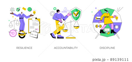 Personal quality abstract concept vector illustration set. Resilience, accountability and discipline, mental strength, psychological flexibility, decision making, leadership role abstract metaphor. 89139111