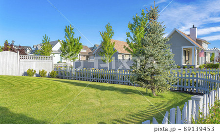 Panorama Whispy white clouds White picket fence of a yard with green lawn and pine tree at Daybreak, Utah 89139453