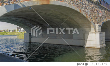 Panorama Whispy white clouds Double arched bridge with stone walls and railings over the Oqui Panorama Whispy white clouds Double arched bridge with stone walls and railings over the Oqui 89139479