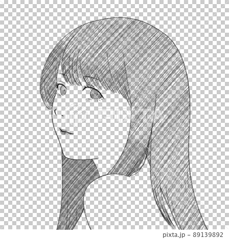 肩ごしに振り向いた髪の長い女性のイラストの線画 斜線有りのイラスト素材 1392