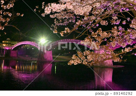 岩国市錦帯橋と桜の夜景 岩国市錦帯橋と桜の夜景 89140292