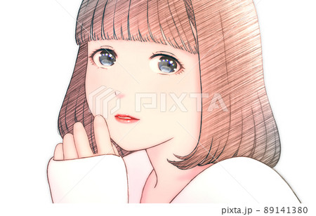 ボブヘアの若い女性のカラーイラスト 背景無し 服 白のイラスト素材