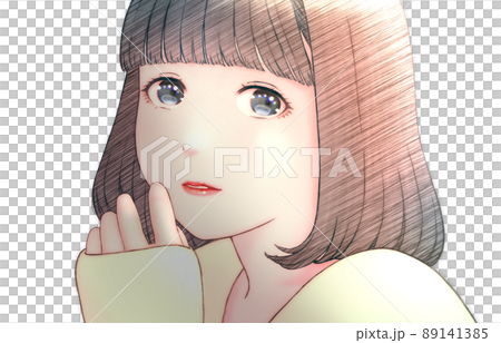 Color illustration of a young woman with bob hair Shade gloss processing (strong) No background 89141385