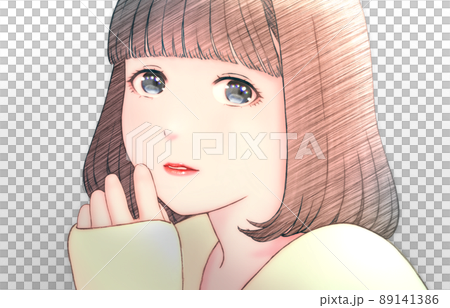 Color illustration of a young woman with bob hair, shade gloss processing (weak) 89141386