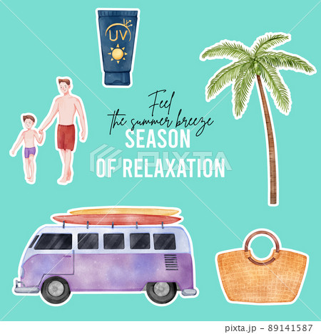 Sticker template with enjoy summer holiday concept,watercolor style Sticker template with enjoy summer holiday concept,watercolor style 89141587