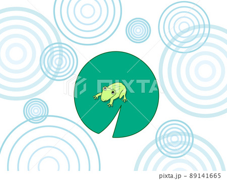 葉っぱの上のカエルと池の水紋のイラスト素材
