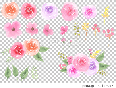 水彩お花と薔薇パーツ＆花束 89142957
