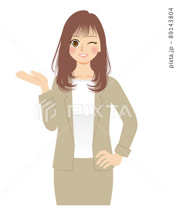 働く女性イラスト　上半身　ベージュスーツ　茶髪 89143804