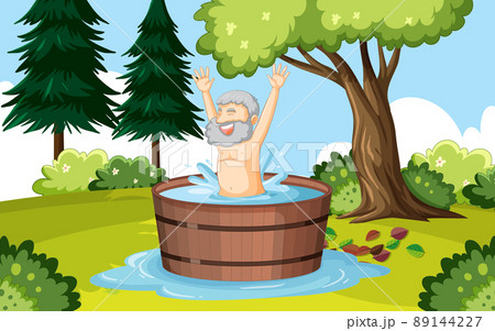 Archimedes in bathtub cartoon with the word Eureka 89144227