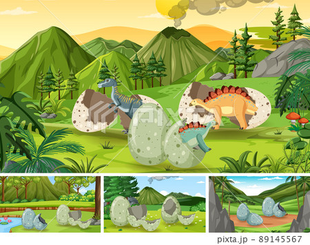 Different prehistoric forest scenes with dinosaur cartoon 89145567