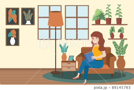 A woman working using laptop flat design at home 89145763
