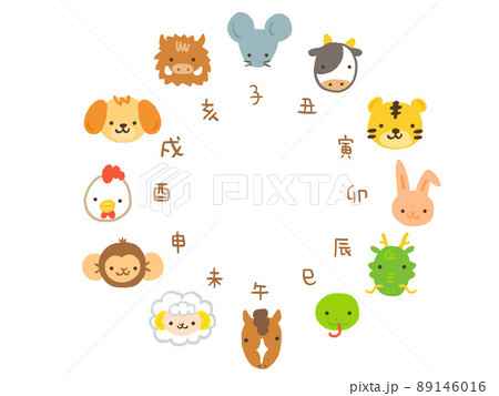 かわいいお正月の十二支動物セット／手描きイラスト 89146016