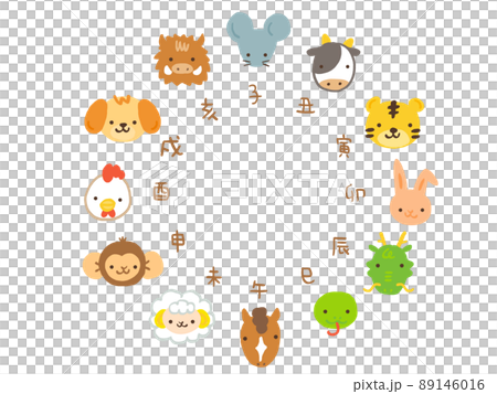 かわいいお正月の十二支動物セット／手描きイラスト 89146016