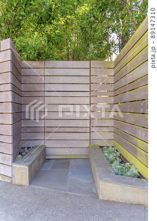 Wood planks horizontal fence and gate at San Francisco, California 89147310