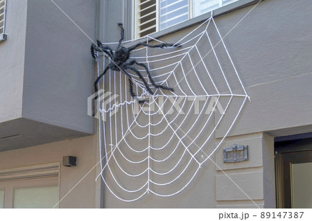 Black plush spider on a house at San Francisco, California 89147387
