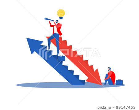 businessman leader standing on ladder growth to success with regress in business concept, Young sad businessman and happy businessman vector illustrator. businessman leader standing on ladder growth to success with regress in business concept, Young sad businessman and happy businessman vector illustrator. 89147455