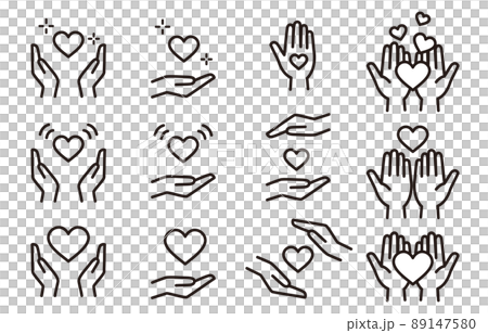 Hand and heart icon set (monochrome) 89147580