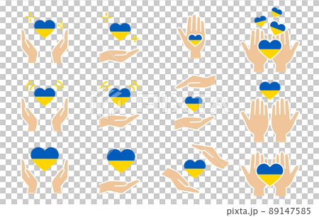 Ukrainian color heart and hand icon set Ukrainian color heart and hand icon set 89147585