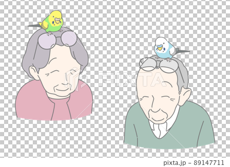 眼鏡に乗るセキセイインコと笑顔のシニア - ペット、バードセラピー 89147711