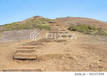 View from Twin Peaks in San Francisco, California of a trail with wooden steps on the slope 89147996