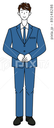 スーツ姿の可愛い男性の立ち姿 待機姿勢 左手を上にして手を組んでいる 全身 イラスト ベクター 89148286