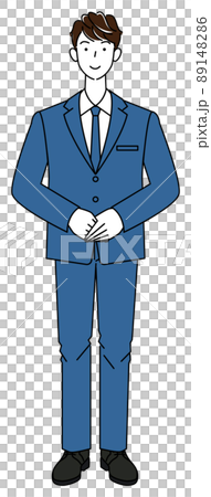 スーツ姿の可愛い男性の立ち姿 待機姿勢 左手を上にして手を組んでいる 全身 イラスト ベクター 89148286