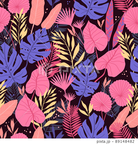 Seamless pattern with tropical spirit. Jungle leaves and palms. Vector illustration. 89148482