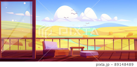Wooden house terrace with autumn countryside view 89148489