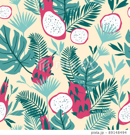 Seamless pattern with tropical spirit. Jungle leaves and palms. Vector illustration. 89148494