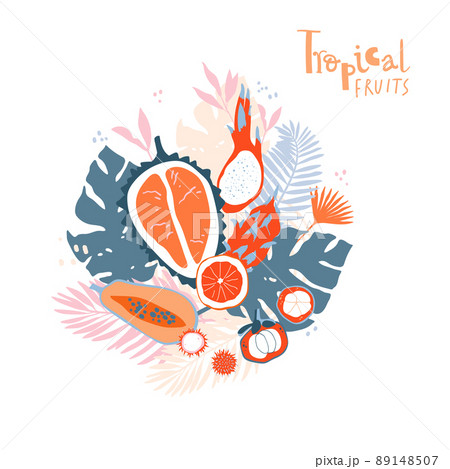 Tropical fruits and jungle leaves composition. Bright and juicy elements in simple elegant style. 89148507