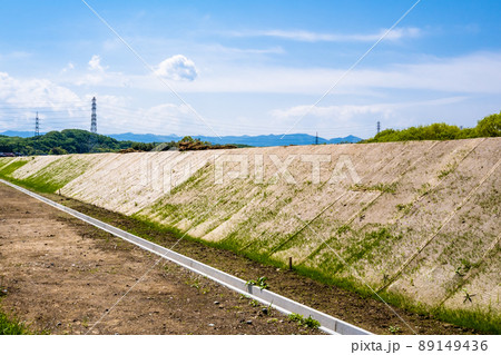 堤防整備 法面に根付き始めた芝 築堤工事 都幾川 2022.04 d-2 高彩度コントラスト 堤防整備 法面に根付き始めた芝 築堤工事 都幾川 2022.04 d-2 高彩度コントラスト 89149436
