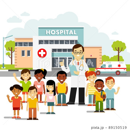 Pediatrician doctor concept. Young man practitioner and happy children in flat style isolated on white background. 89150519