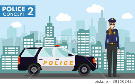 Police concept. Detailed illustration of policewoman on background with police car and cityscape in flat style. Vector illustration. 89150842