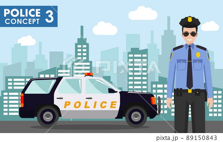 Police concept. Detailed illustration of policeman on background with police car and cityscape in flat style. Vector illustration. 89150843