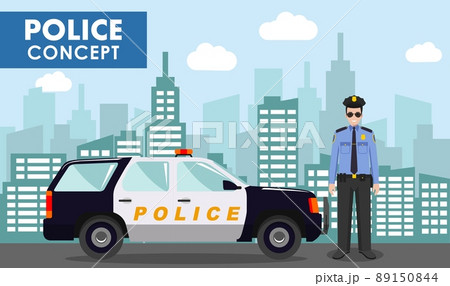 Police concept. Detailed illustration of policeman on background with police car and cityscape in flat style. Vector illustration. 89150844