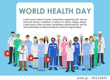 World Health Day. Medical concept. Detailed illustration of doctor and nurses in flat style isolated on blue background. Practitioner doctors man and woman standing in different positions. Vector. 89150845