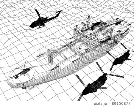 warship with helicopter 3d wire frame on the sea warship with helicopter 3d wire frame on the sea 89150877