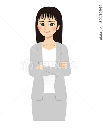 働く女性イラスト 上半身 グレイスーツ 黒髪のイラスト素材