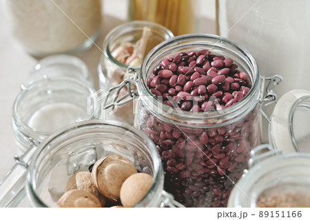 Grocery stock, food and cereals. Zero Waste Kitchen. Plastic Free Pantry. No plastic. Eco family life, close up view. 89151166